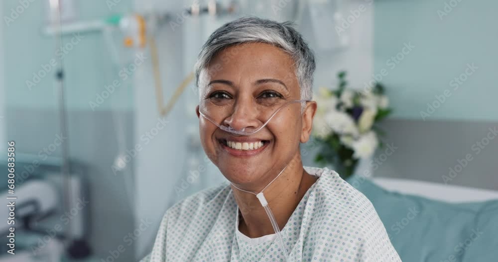 Hospital, patient and face of woman in bed with ventilation tube for oxygen, medical service and care. Healthcare, happy and portrait of mature person smile for surgery recovery, wellness and healing