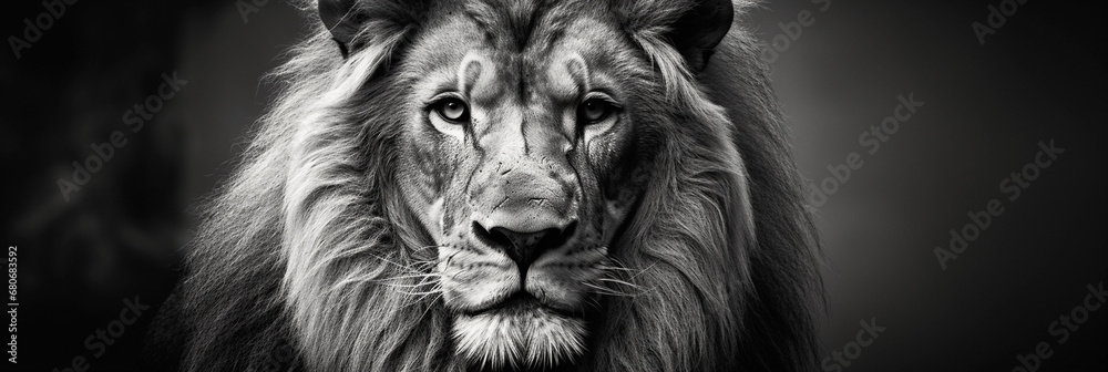 Monochrome lion portrait, sharp eyes staring into the lens, highly contrasted, detailed mane