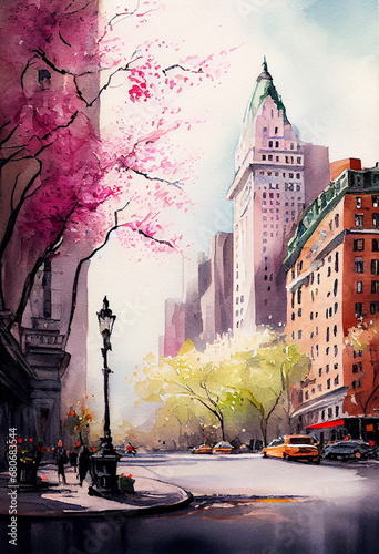 New York, United States, watercolor illustration. AI generative art