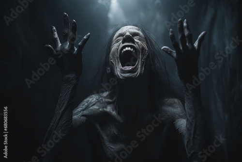 Horror, psychology, fear concept. Abstract, surreal and horrifying portrait of screaming woman. Dark mysterious background with copy space