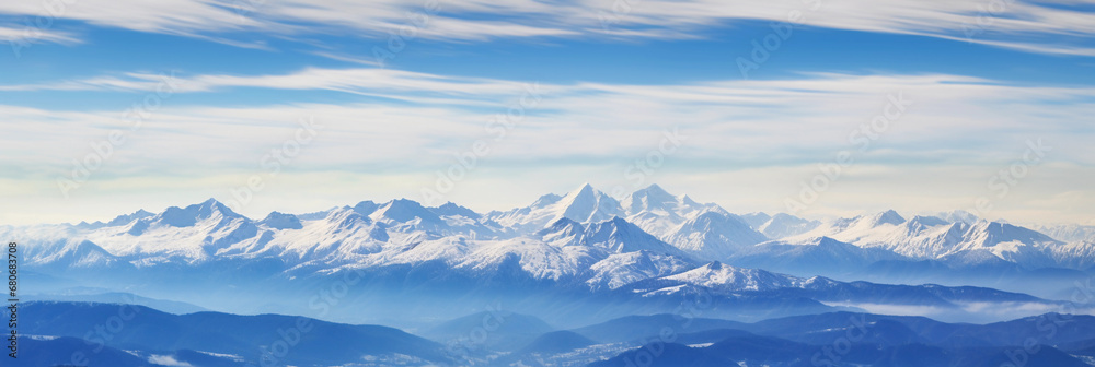 Cascade Range, snow-capped peaks, clear blue sky, sharp details