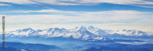 Cascade Range, snow-capped peaks, clear blue sky, sharp details