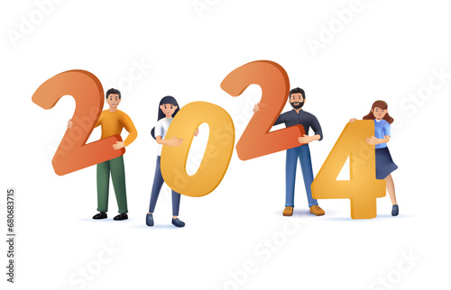 Group Of Joyful Characters Cheerfully Holding Colorful Numbers 2024 under the Falling Confetti, 3D Vector Illustration