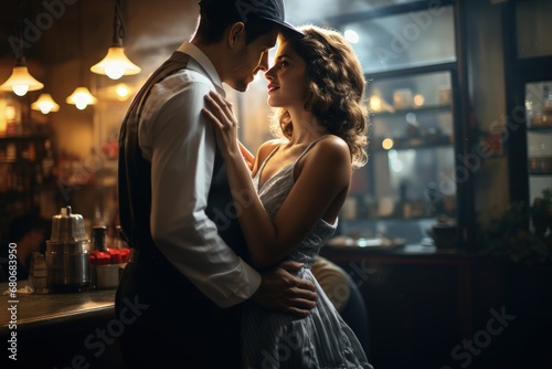 A pair of lovers dancing in old-fashioned restaurant