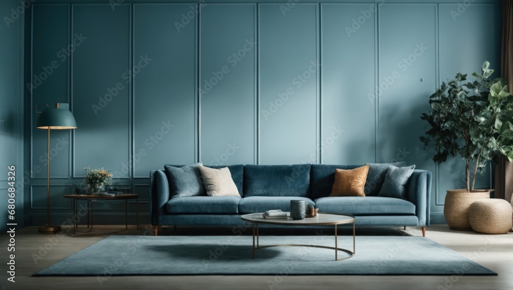 Interior of modern living room with blue wall and sofa 3d render