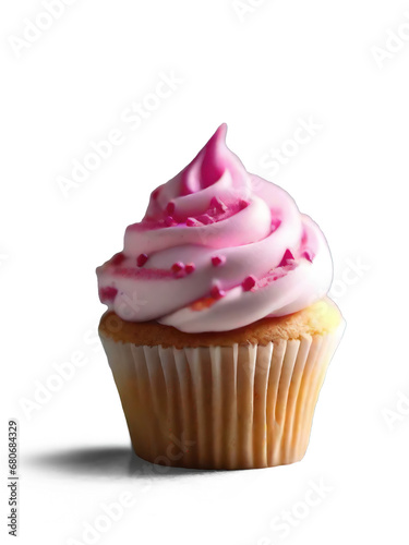 Yellow cupcake with pink and white icing. Isolated, transparent background. With transparent shadow.