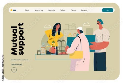 Mutual Support: Bringing groceries to food bank -modern flat vector concept illustration of people donating food to food pantry A metaphor of voluntary, collaborative exchanges of resource, services