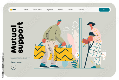 Mutual Support Buying groceries for ill neighbor -modern flat vector concept illustration of man carrying shopping bags for woman on crutches Metaphor of voluntary, collaborative exchanges of services