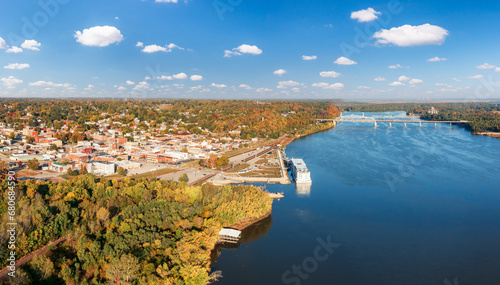 Aerial view of the city of Hannibal in Missouri from Lovers Leap overlook with Mississippi River and cruise boat