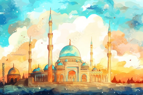 Colorful abstract mosque watercolor style illustration