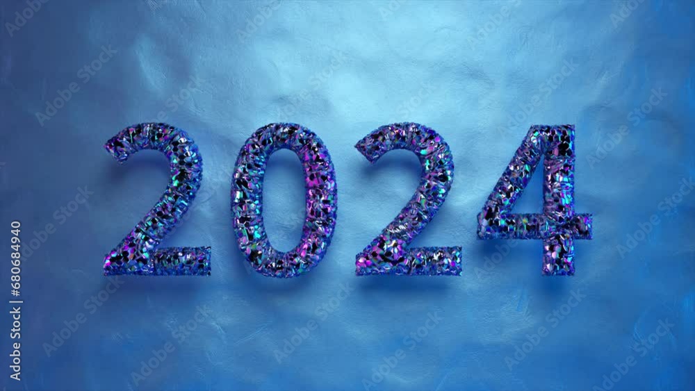 Sparkling numbers 2024 in luxurious glitter on a cool blue textured background, symbolizing celebration and futuristic themes, 3D animation.