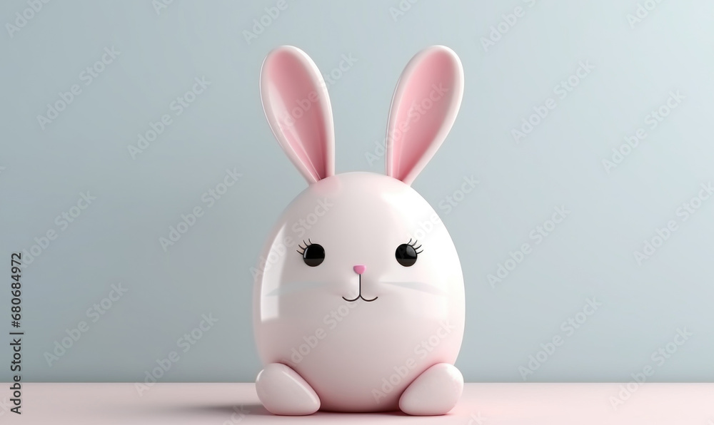 Obraz premium Primitive 3d illustration of a rabbit. Cute minimalist figurine, portrait on a blue background. 3D banner of toy Easter symbol. Cartoon character 3d rabbit