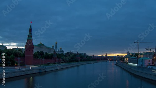 A Large Stone Bolshoy Kamenniy Bridge. View from the bridge on Moscow Kremlin and the embankment of the Moscow river. timelapse 4K photo