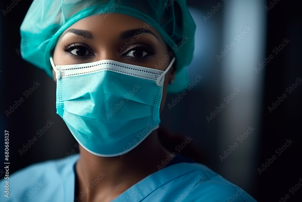 Close-up portrait of a dedicated African female doctor in uniform, wearing a mask and medical cap, ready for duty. Bright image. Close-up portrait of a dedicated African female doctor in uniform, wearing a mask and medical cap, ready for duty. Bright image.