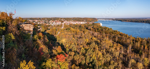 Aerial view of the city of Hannibal in Missouri from Lovers Leap overlook with Mississippi River in the distance photo