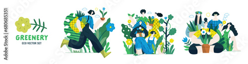 Greenery, ecology -modern flat vector concept illustration of people and plants. Metaphor of environmental sustainability and protection, closeness to nature, green life, ecosystem and biosphere