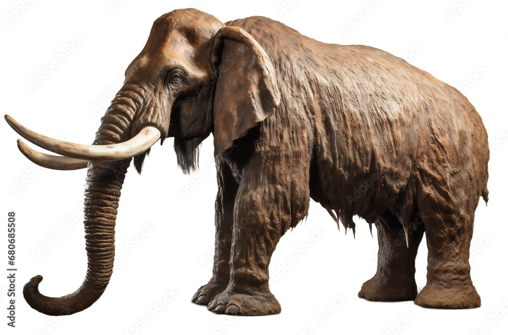 Fototapeta premium Figure of a prehistoric Mammoth on a white transparent background. PNG file. Generative artificial intelligence