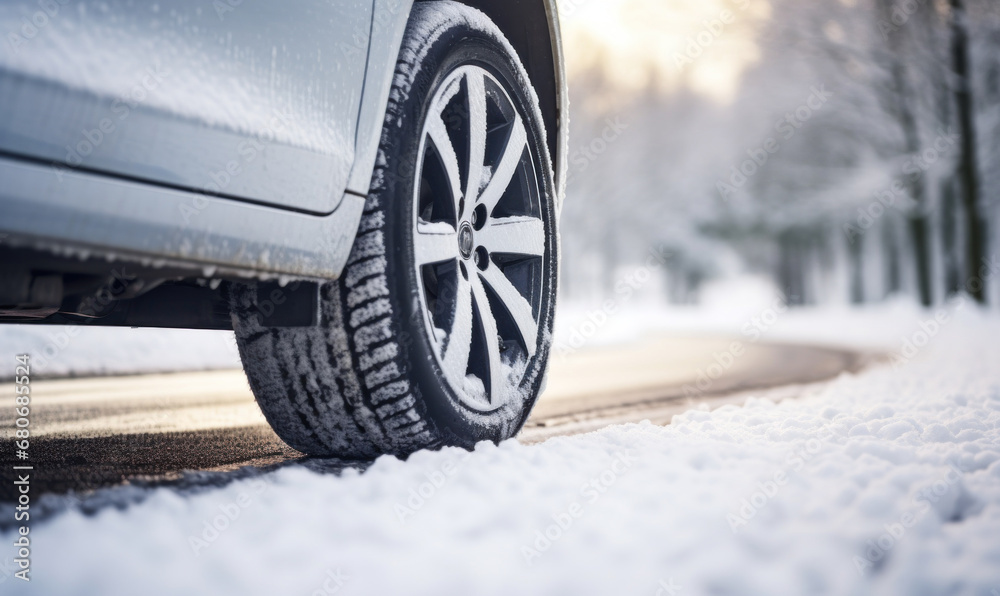 Close-up Car wheels with winter tires on a snowy road, road safety concept
