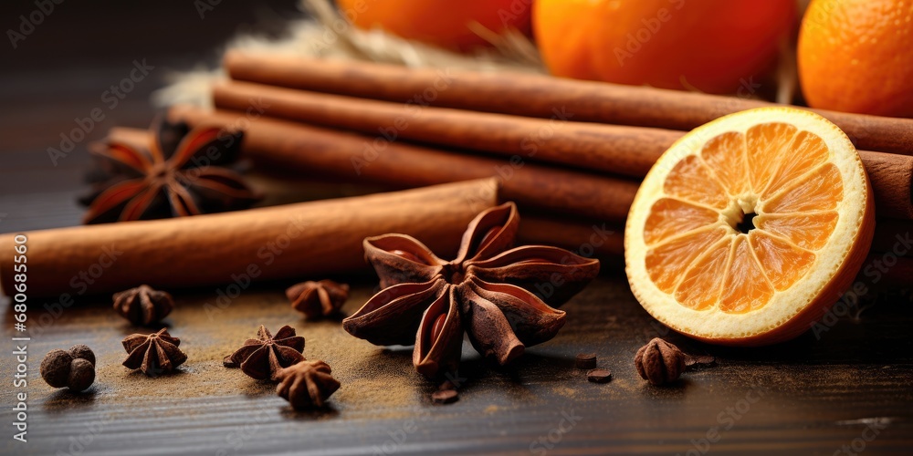 Fragrant cinnamon sticks, star anise, oranges on the table close-up. Generative AI