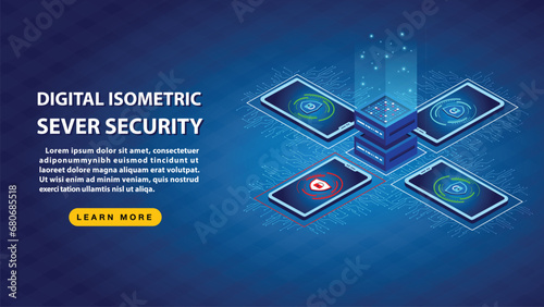 Digital Isometric Server Security and data sever with Smartphone on blue background.