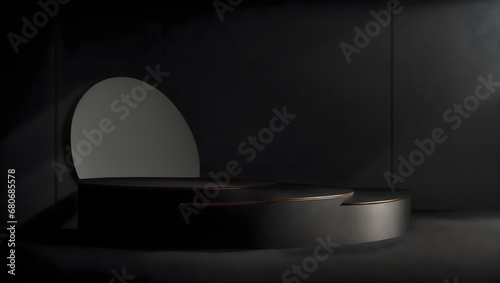 Stone black rock podium for display product. Background for cosmetic product branding, identity and packaging.