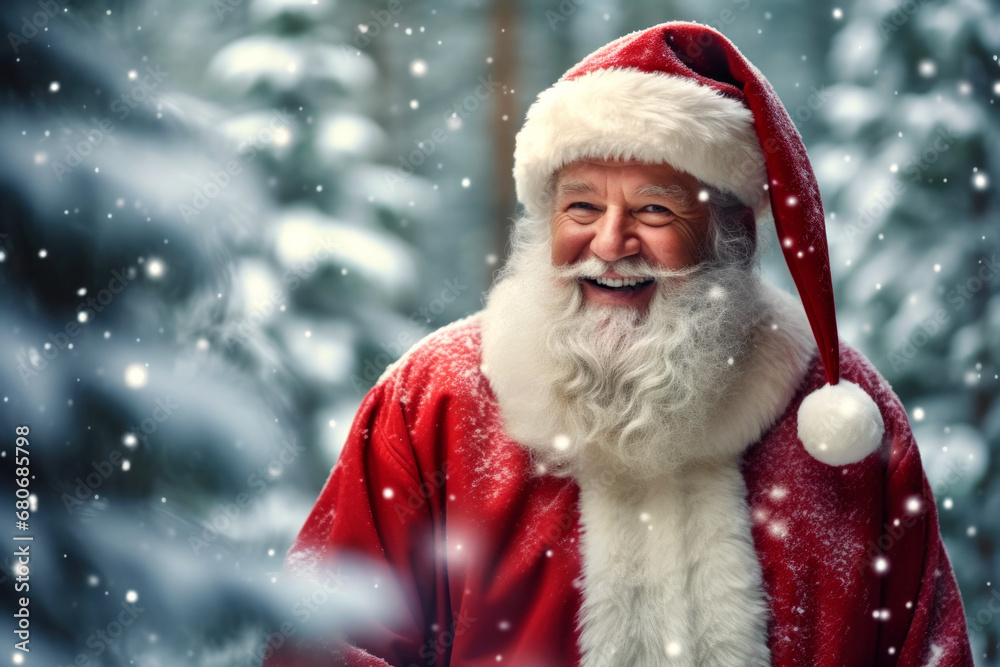 A jolly Santa Claus inside a snow-covered forest having a laugh (Generative AI) A jolly Santa Claus inside a snow-covered forest having a laugh (Generative AI)