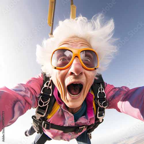 Elderly grandmother is happy and excited, having fun parachuting out of an airplane, concept of happiness and activities of old people. photo