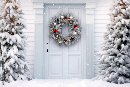 Elegant Christmas wreath adorning a snowy day on a white wooden entrance door. Bright image.  © Uliana