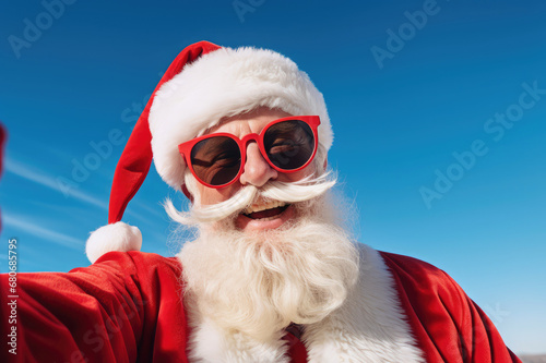 Cool and happy santa claus with sunglasses taking a selfie outside photo