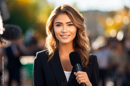 A female TV reporter presents news outdoors, holding a microphone. Focus on the journalist in the live reporting scene, emphasizing the journalism industry and live streaming concept. Bright image. 