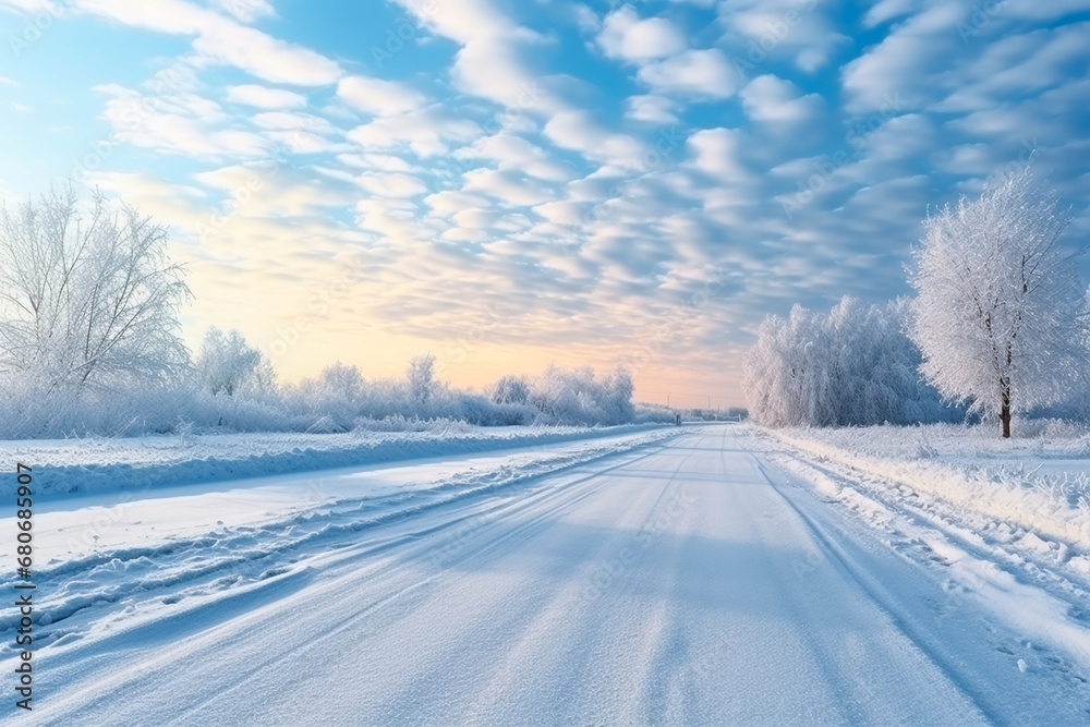 snowy road in the morning. nice atmospheric view. Bright image. snowy road in the morning. nice atmospheric view. Bright image.