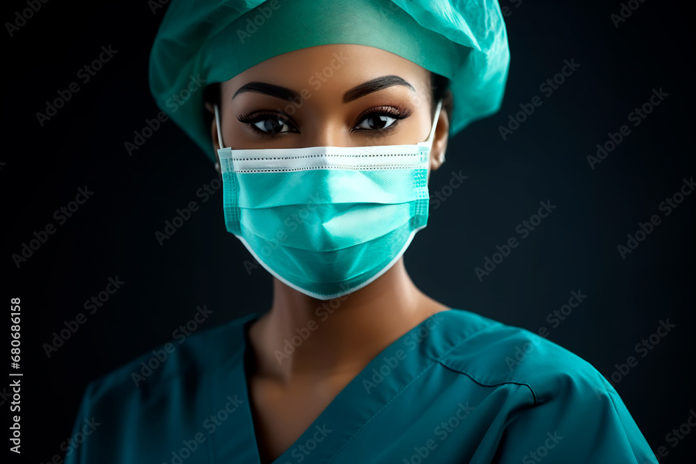 Close-up portrait of a dedicated African female doctor in uniform, wearing a mask and medical cap, ready for duty. Bright image. Close-up portrait of a dedicated African female doctor in uniform, wearing a mask and medical cap, ready for duty. Bright image.