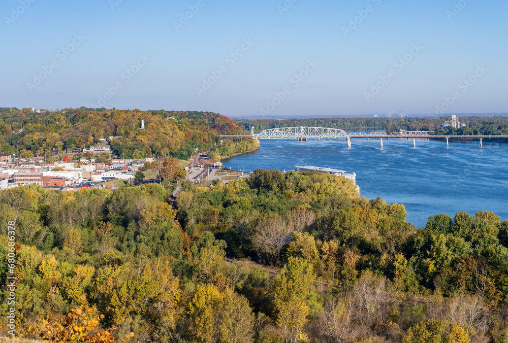 View of the city of Hannibal in Missouri from Lovers Leap overlook with Mississippi River and cruise boat