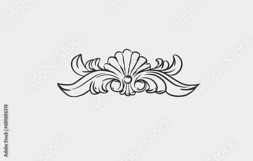 Hand drawn vector abstract outline,graphic,line vintage baroque ornament floral frame border in minimalistic modern style.Baroque floral vintage outline design concept.Vector antique divider isolated.