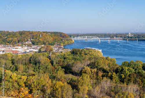 View of the city of Hannibal in Missouri from Lovers Leap overlook with Mississippi River and cruise boat