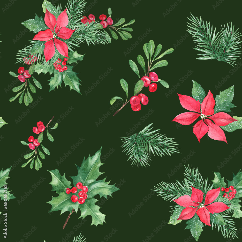 Christmas hand drawn seamless pattern with winter plants. Forest pine branches, holly with red berries, red poinsettia and cowberry or lingonberry on dark green background. For fabric or textile
