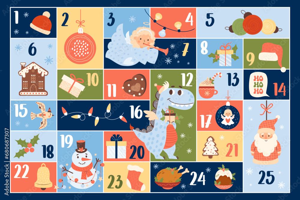 December Christmas advent calendar for 25 days. Dragon, angel, gingerbread, presents, Santa Claus, snowman, balls with numbers 1 to 25. Vector countdown holiday calendar. Dates festive event xmas.