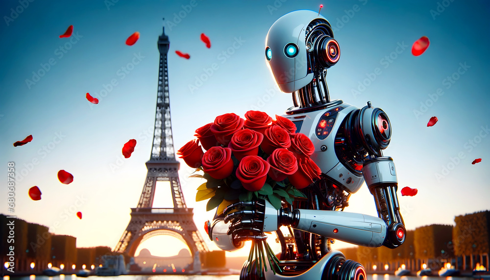 A Romantic Robot Surprises with a Bouquet of Roses in Front of the Majestic Eiffel Tower, Valentine's Day, Valentines Day, Robot Partner