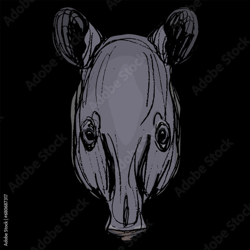 Head of tapir. Animal mask. Hand drawn colorful rough sketch. On black background.