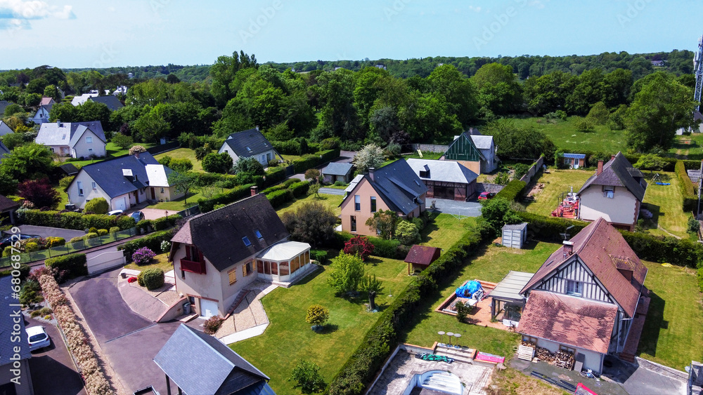 Awe drone view Suburb of Honfleur  (on the hill)   panorama of houses and gardens