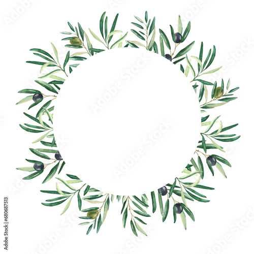 Watercolor olive tree wreath  round frame or border with black and green olives. Isolated on white background. Hand drawn botanical illustration. Can be used for cards  logos and cosmetic design.