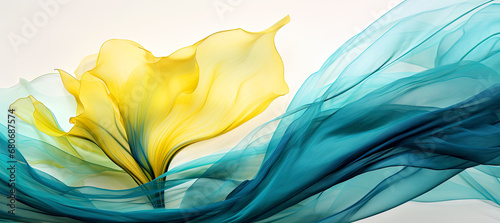 Abstract painting background with yellow flower,  flowing teal-colored silk photo
