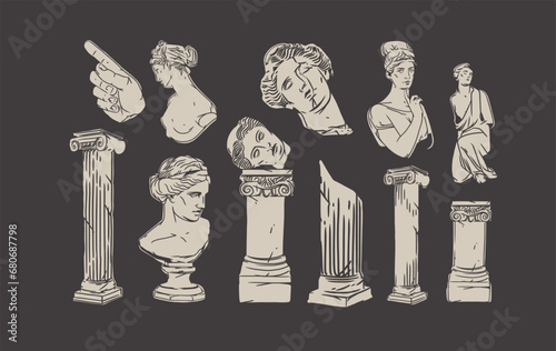 Hand drawn vector abstract outline,graphic,line greek ancient sculpture statue line art modern drawing set.Antique classic statues in trendy line style,outline design concept.Antique statue design.