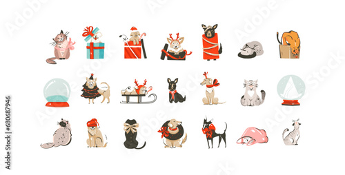 Hand drawn vector abstract cartoon Merry Christmas and Happy new year clipart illustrations elements set with pet cat and dogs characters.Merry Christmas cute design.Winter holiday decoration concept.