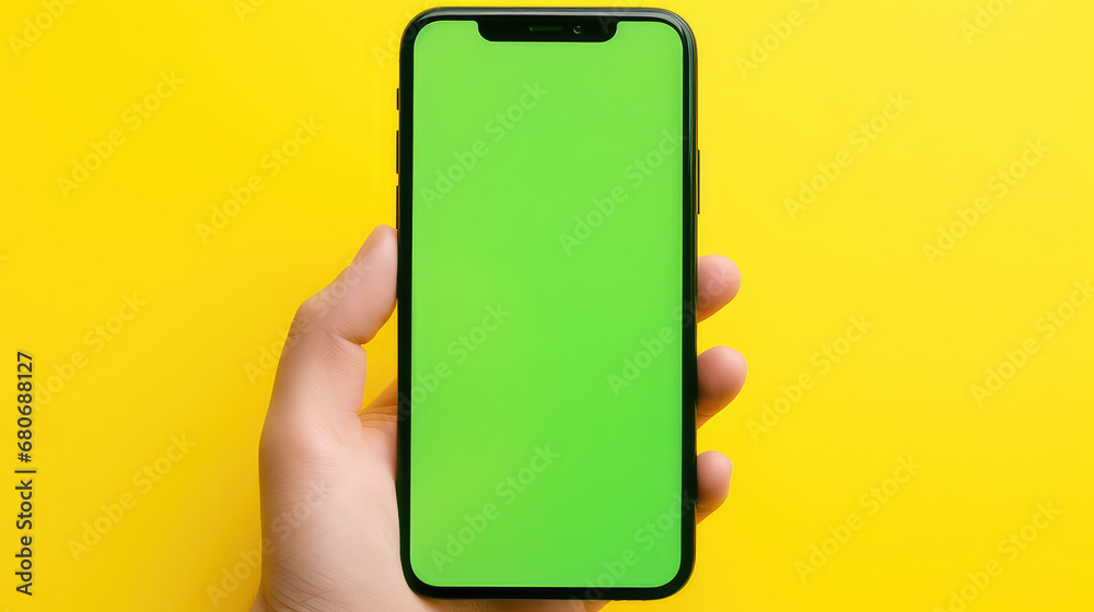 Green screen phone in hand mockup chroma key shopping online yellow background - obrazy, fototapety, plakaty 