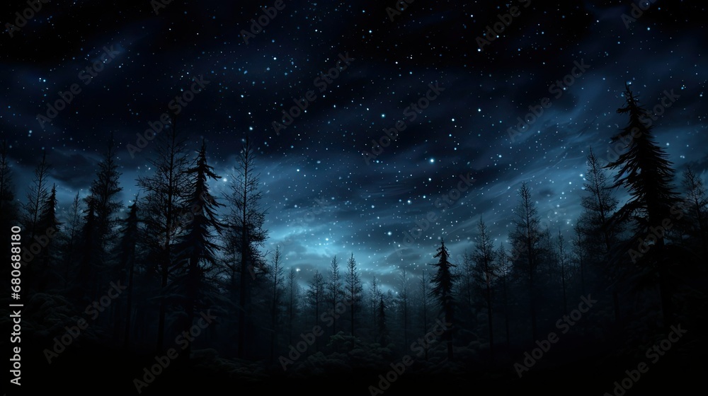 Night sky with shining stars and the milky way. Gloomy dark forest, Outer space and universe.