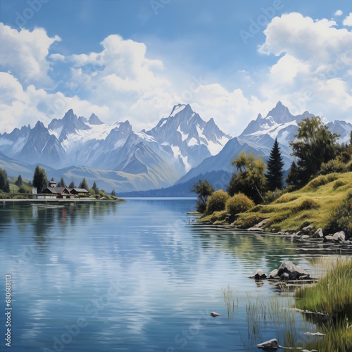 View of an lake with Mountains in the background, inspired by the Starnberger Lake towards the Alp mountains