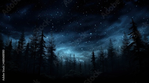 Night sky with shining stars and the milky way. Gloomy dark forest  Outer space and universe.