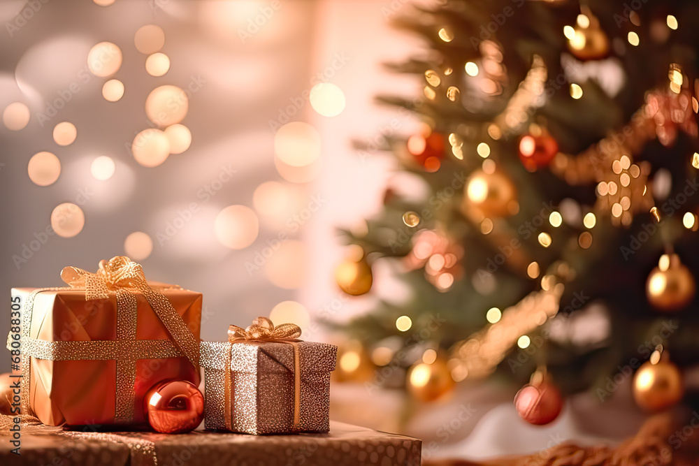 Christmas decorations and gifts on a festive background