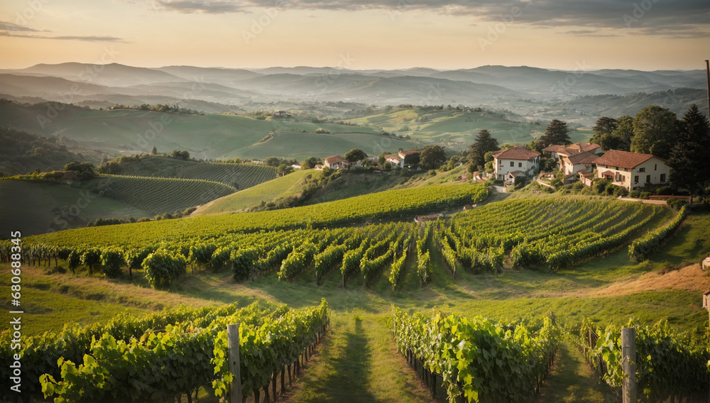 Fototapeta premium Picturesque and charming hilltop vineyard, with a panoramic view of the surrounding countryside - AI Generative